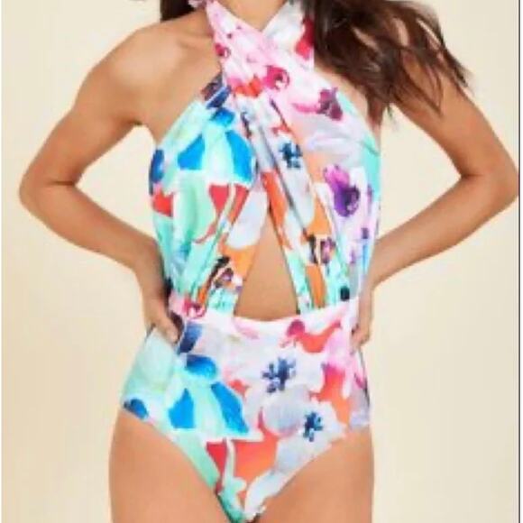 6 Shore Road Floral Cabana Halter Plunge Neck One Piece Swimsuit Size Small NWT - Picture 5 of 6